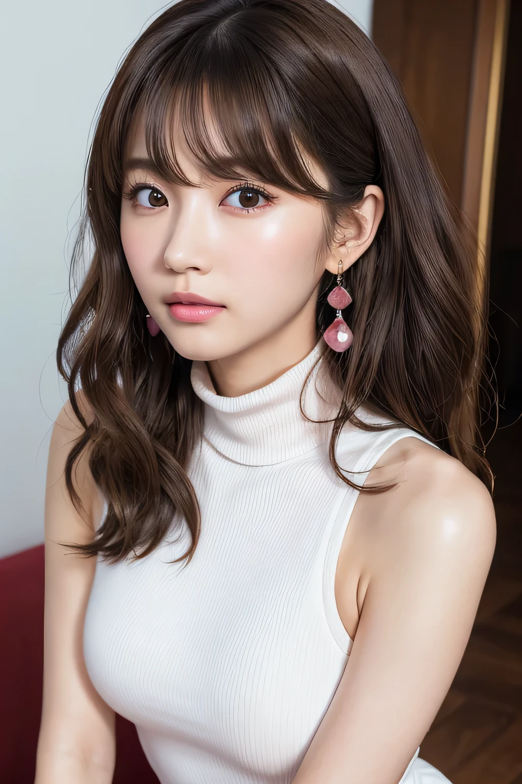 ((Best Quality)), ((masterpiece)), (High-quality photos), (Wavy Hair:1.37), (Brown Hair), (bangs), (Beautiful Japanese Women), skinny body:1.37, Tight waist, Shapely breasts, False eyelashes, (Keep your lips closed), Detailed face, detailed eyes, Detailed lips, (Earrings), Red sleeveless turtleneck dress with ribbed texture and bodycon fit, (White skin), Head Tilt, View Viewer, (Blushed:1.3), (Above the knee shot:1.21), From the side, (Armpits), Shiny skin, Wet lips, Thin eyebrows, (brown eyes:1.37)