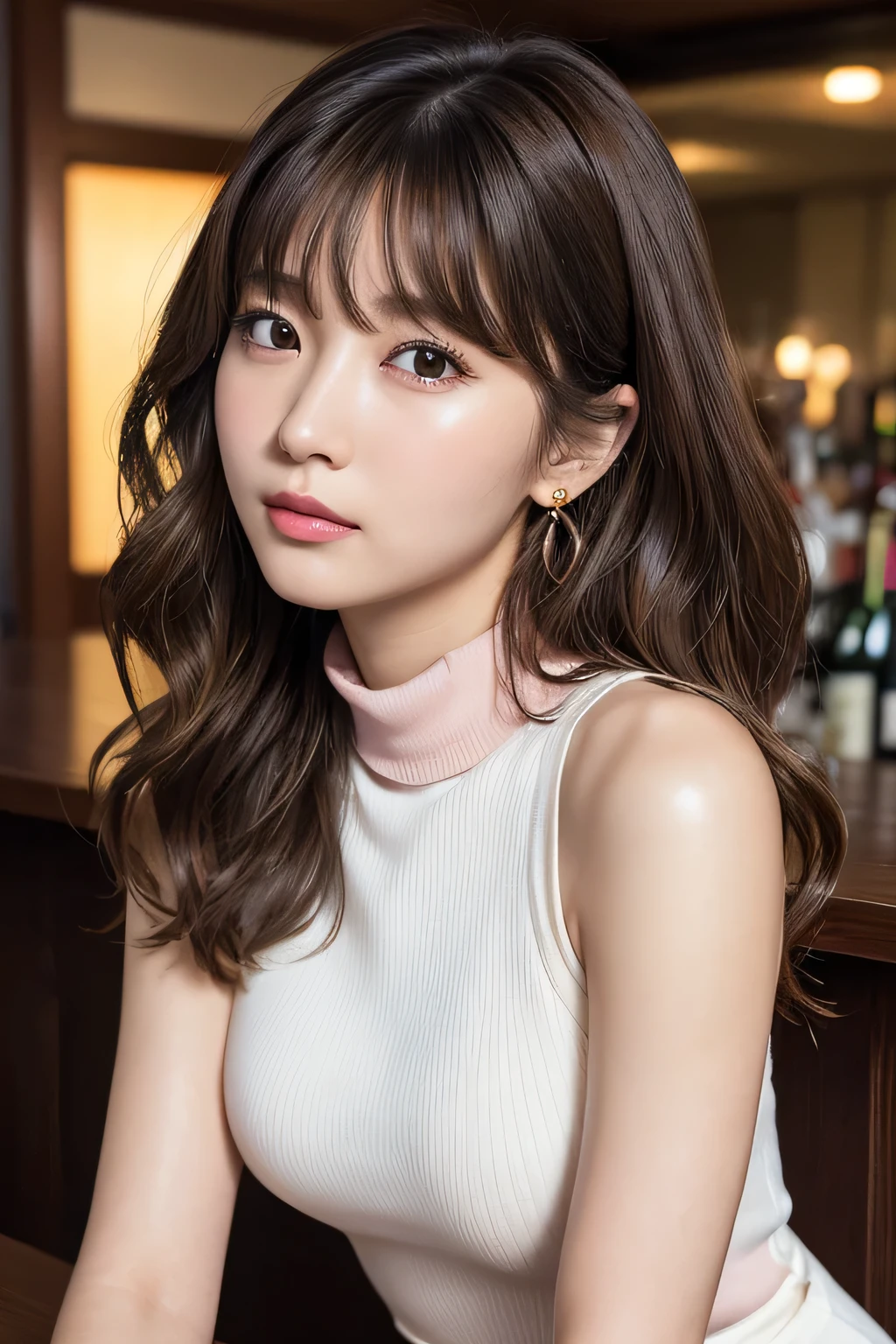 ((Best Quality)), ((masterpiece)), (High-quality photos), (Wavy Hair:1.37), (Brown Hair), (bangs), (Beautiful Japanese Women), skinny body:1.37, Tight waist, Shapely breasts, False eyelashes, (Keep your lips closed), Detailed face, detailed eyes, Detailed lips, (Earrings), Red sleeveless turtleneck dress with ribbed texture and bodycon fit, (White skin), Head Tilt, View Viewer, (Blushed:1.3), (Above the knee shot:1.21), From the side, (Armpits), Shiny skin, Wet lips, Thin eyebrows, (brown eyes:1.37), At the bar counter at night,
