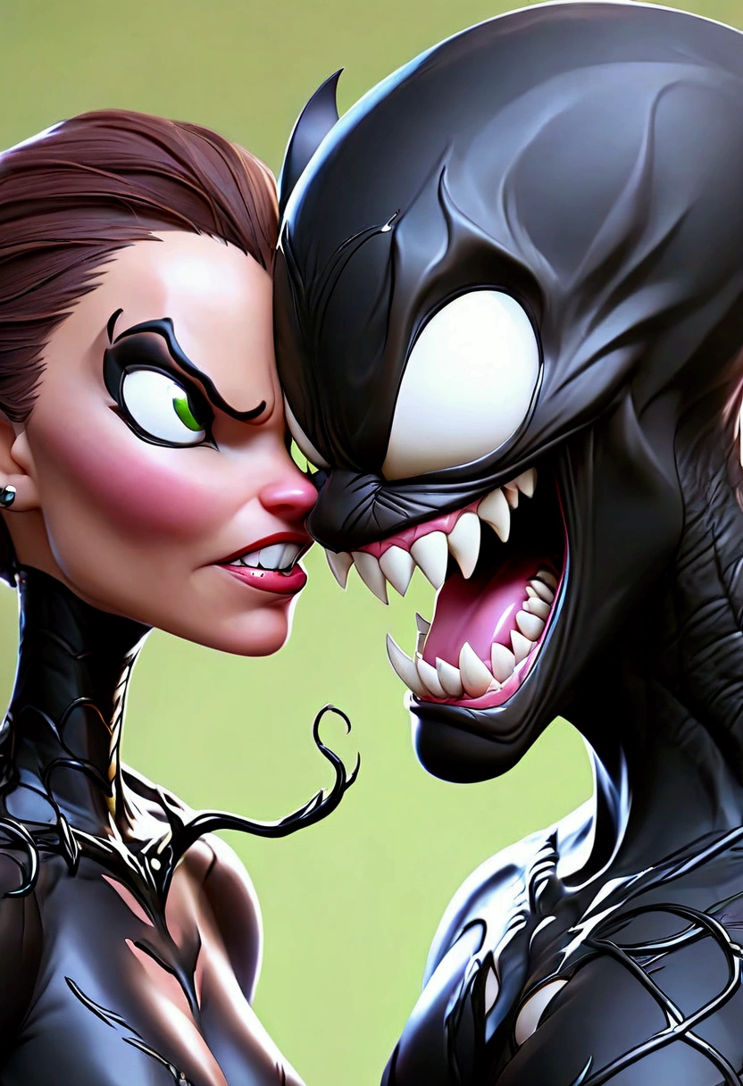 Make it for me, A woman with short blonde hair, with the body of a black Symbiote, a female version of Venom, with a wet body and tentacles like Venom, with a huge, drooling tongue