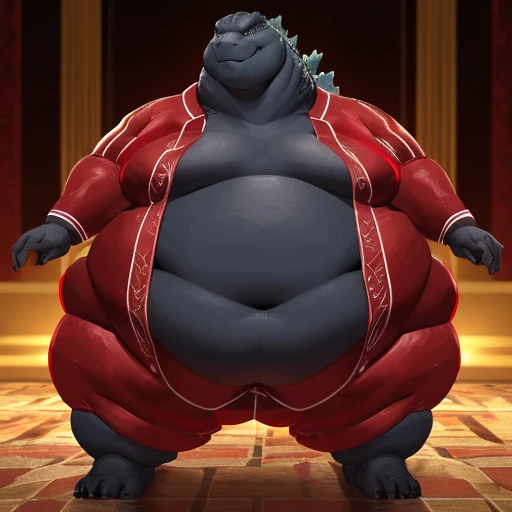 (solo:1.3) fat muscular menacing looking (godzilla:1.3), (elegant red attire suit:1.5), (pudgy obese belly:1.5), (legs spread:1.5), (bedroom:1.5) (standing on floor:1.4), 8k, 1080P, masterpiece