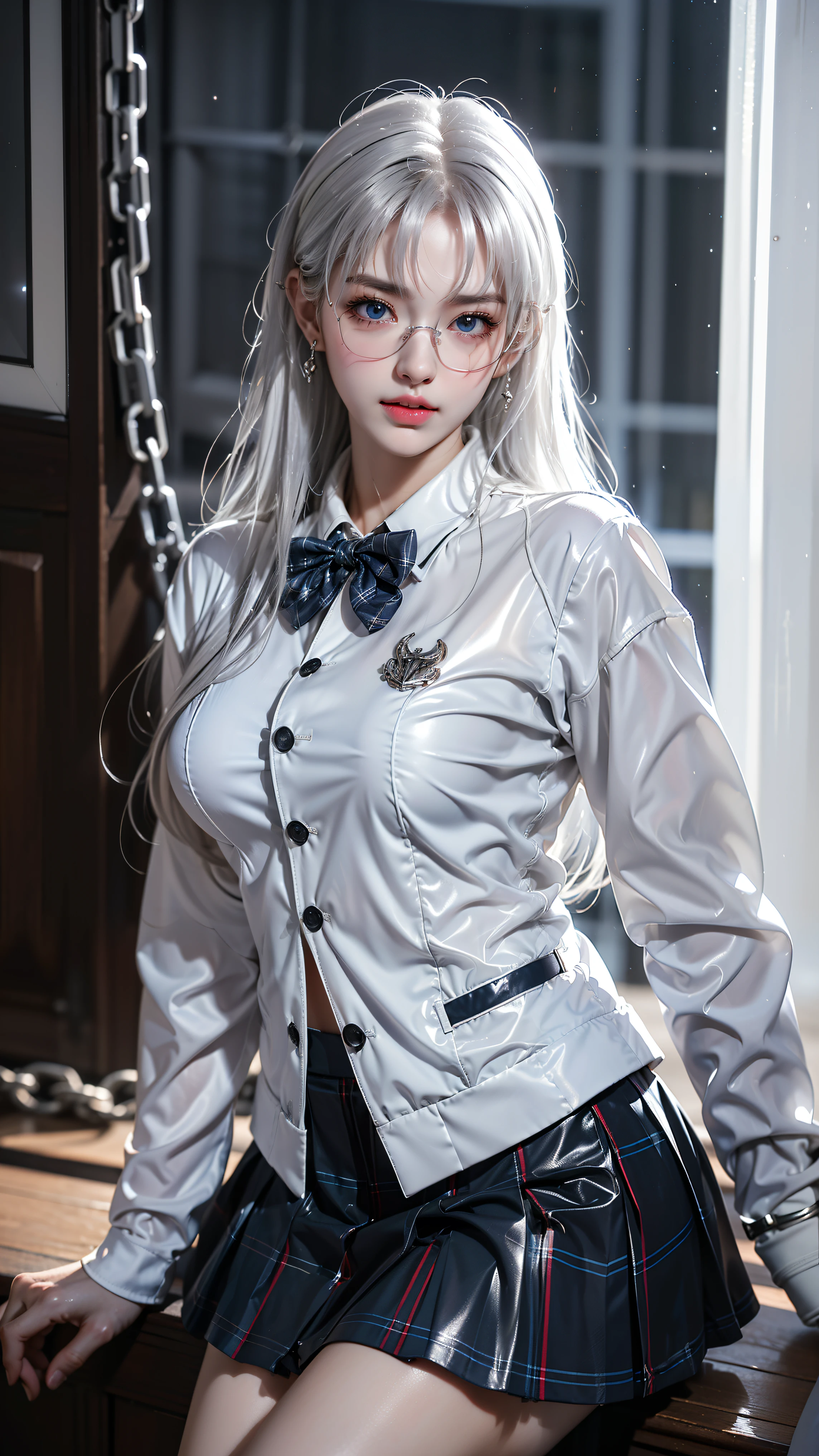 photorealistic, high resolution, soft light, 1women, solo, hips up, shining skin, jewelry, school uniform, white hair, tattoo