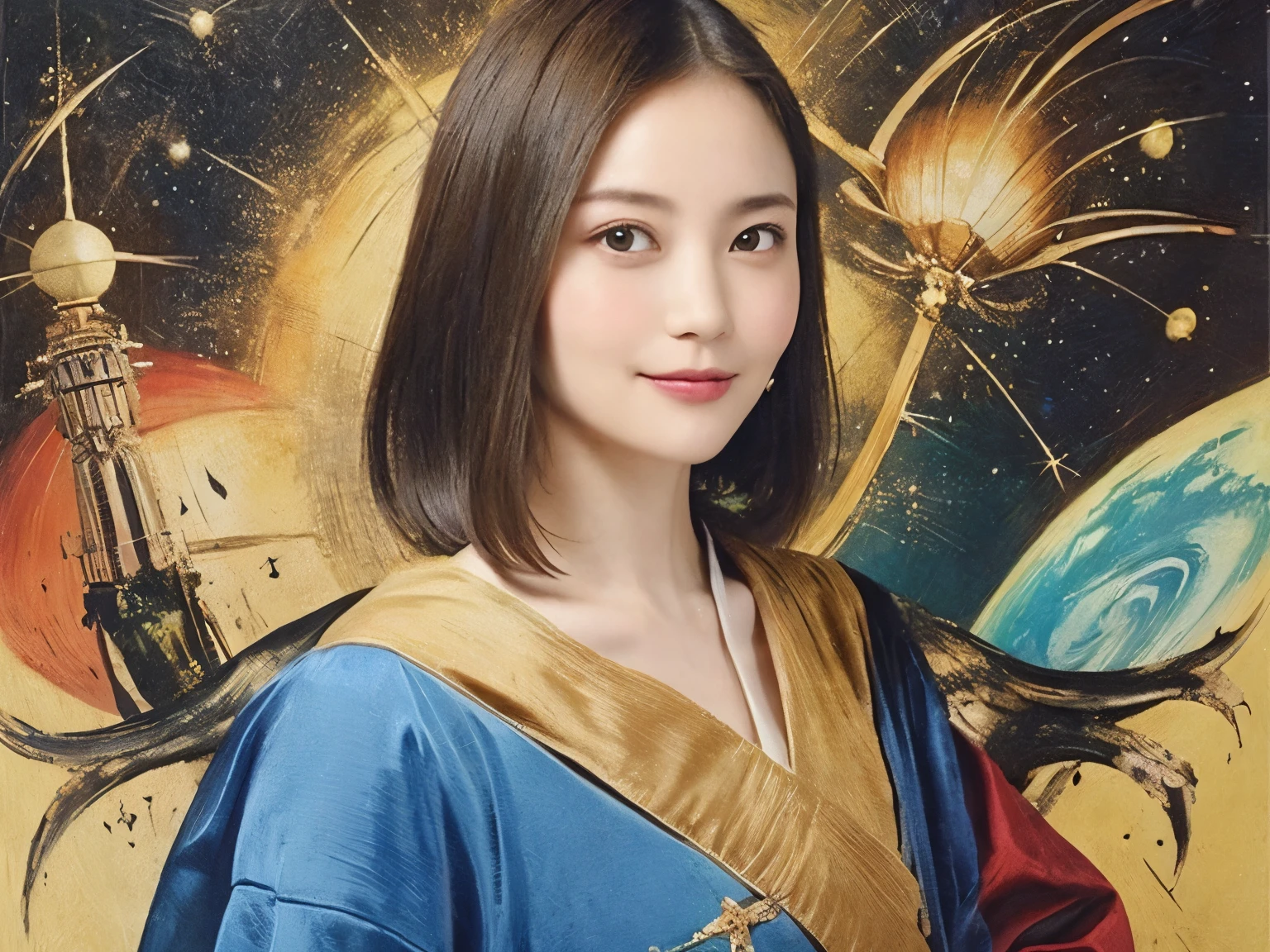 293 (20-year-old woman,short hair), (A kind smile), ((宇宙海賊captain,captain)), (colorful), (Leonardo da Vinci paintings), flower, Futuristic space pirate ship, nebula