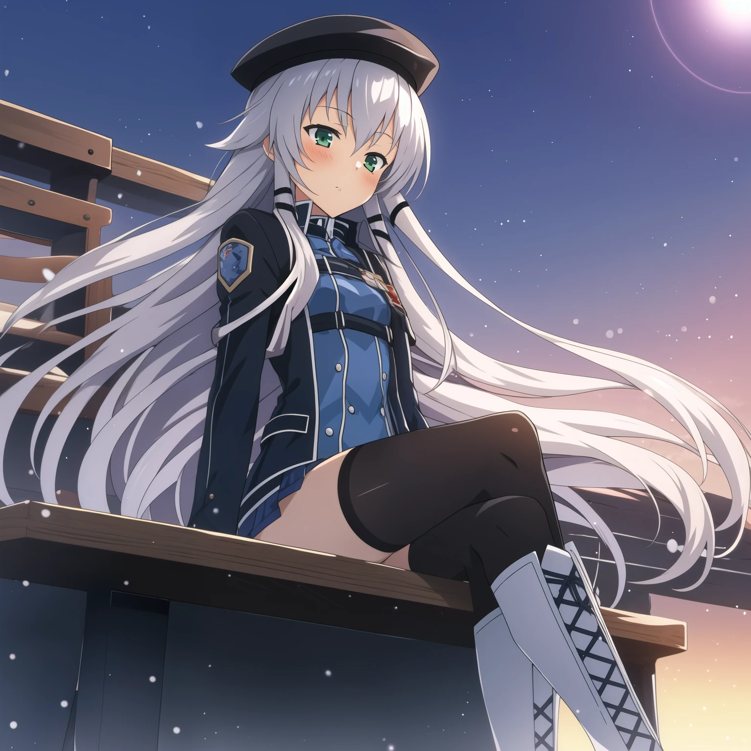 two anime-style,1girl,Alone,((Best Quality)),Trails of Cold Steel,Altina,Silver Hair,Long Hair, Skinny,small,leotard,boots,Sitting with legs crossed,black pork pie hat