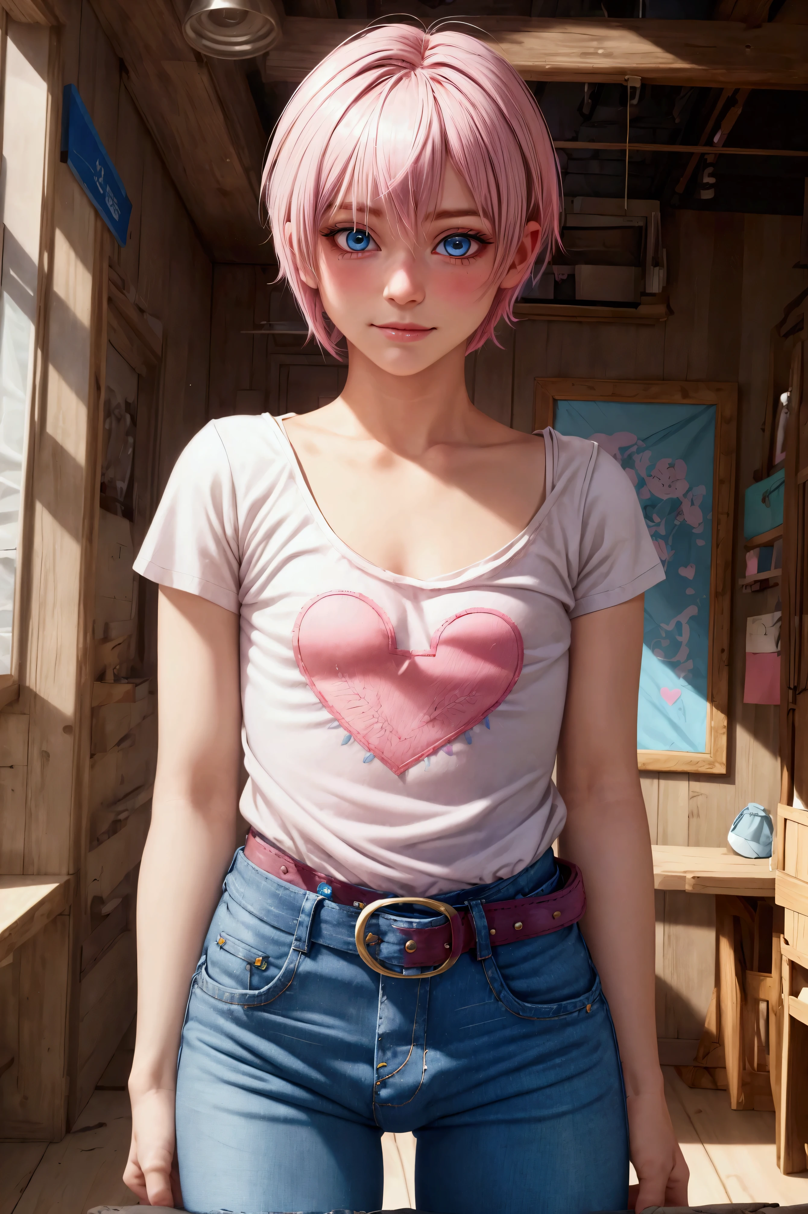 (masterpiece, best quality), 1boy, blonde boy, boy face, boy body, cute boy, femboy, light blue eyes, short hair, messy hair, bangs, pastel rainbow inner hair color mesh, cute face, shy smile, pink short sleeve cropped T-shirt, (no breast), bare arms, smooth tummy, dark blue denim high waist skinny jeans, (pink hearts embroidered on jeans), (tiny bulge on jeans), (belted jeans), pink glitter belt, blonde hair, cute face, boy body, standing, indoor, intricate detail, sunlight, 