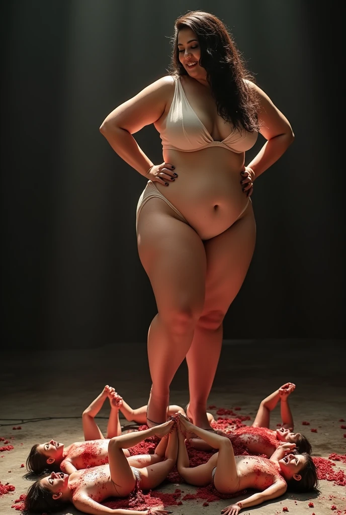 Full body shot of 1 beautiful woman, adult, large body, voluptuous woman, (very long straight hair),( brunette hair), outlined eyelids, made-up eyelids, tempting , curvy hourglass figure, very tall, nude, explicit nudity, legs are spreaded. flat belly