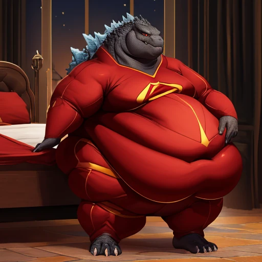 (solo:1.3) fat muscular (godzilla:1.3), (elegant red superhero suit:1.5), (pudgy obese belly:1.5) (rubbing belly:1.4), (legs spread:1.5), (bedroom:1.5) (standing on floor:1.4), 8k, 1080P, masterpiece