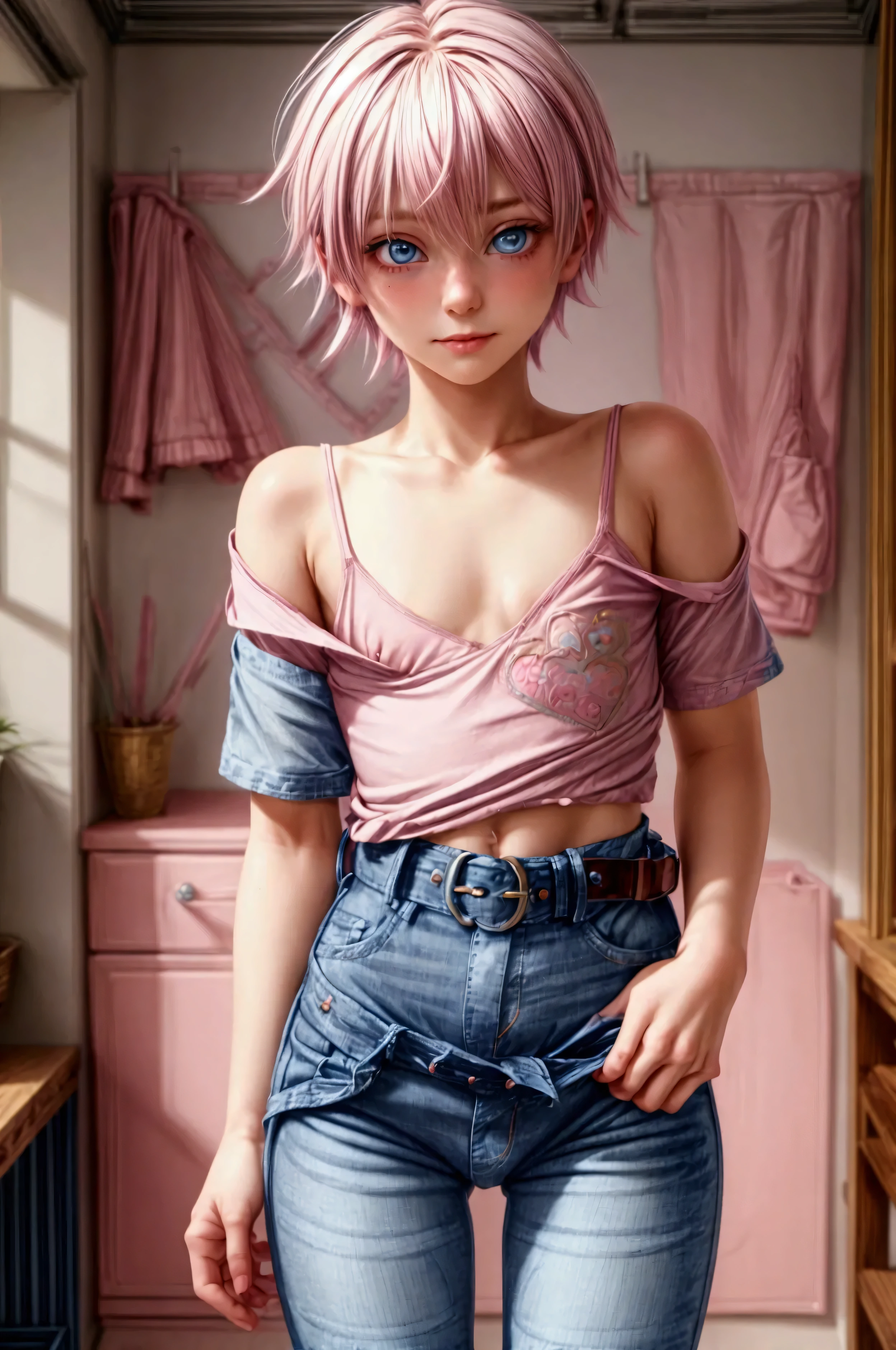 (masterpiece, best quality), 1boy, blonde boy, boy face, boy body, cute boy, femboy, light blue eyes, short hair, messy hair, bangs, pastel rainbow inner hair color mesh, cute face, shy smile, pink short sleeve cropped T-shirt, (no breast), bare arms, smooth tummy, dark blue denim high waist skinny jeans, (pink hearts embroidered on jeans), (tiny bulge on jeans), (belted jeans), pink glitter belt, blonde hair, cute face, boy body, standing, girly bedroom full of hearts and rainbows, intricate detail, sunlight, 