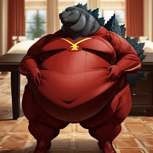 (solo:1.3) fat muscular (godzilla:1.3), (elegant red superhero suit:1.5), (supporting his belly with table:1.4), (pudgy obese belly:1.5) (rubbing belly:1.4), (legs spread:1.5), (bedroom:1.5) (standing on floor:1.4), 8k, 1080P, masterpiece