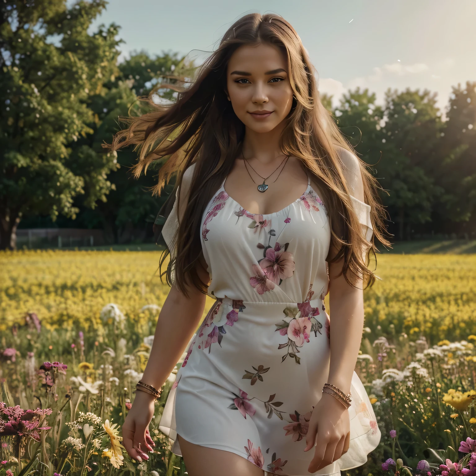 Araffe woman in a white dress walking through a field of flowers ...