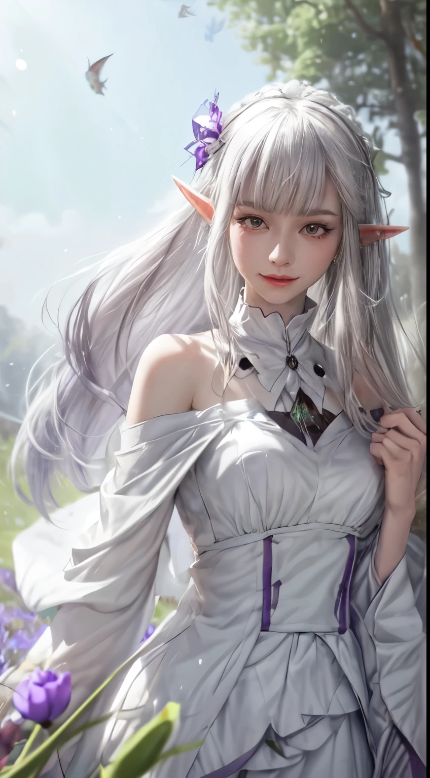 Fluorescent Color, 1 girl, Look to the Side, beautiful face, pretty eyes, (off the shoulder: 1.2), upper body, shiny hair, shiny skin, elf ears, elven ears/pointed, glare emissions, elf ears, elven ears/pointed, a woman walking in a field of purple flowers around dandelions and small dots of light surrounding, her white hair flying with the wind, elf ears, elven ears/pointed, the bright violet eyes looking at purple tulips with sparkling butterflies around her, white haired womans, Woman in a dark place full of tiny dots of light and sparkling snowflakes, sparkling butterflies, white haired woman, dots of light around the woman, Magical Aura, green eyes, elf ears, elven ears/pointed, Supernatural aura, super magical aura black, beautiful sunset, meadow of purple flowers, garota em uma meadow of purple flowers, she walks among the thousands of flowers with grace spreading her hair like a Goddess