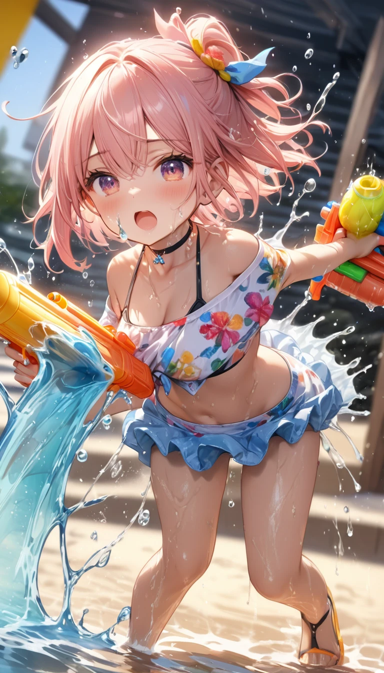 masterpiece, best quality, 8k, highres, ultra-detailed,HDR, UHD, studio lighting, ultra-fine painting, sharp focus, physically-based rendering, extreme detail description, professional, vivid colors, bokeh, portraits,BREAK,1girl,full body,off shoulder bikini, choker,((water gun, excessive splash)), ((excessive squirt:2.5))