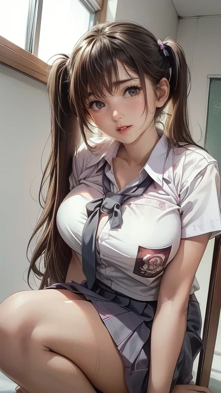 (masterpiece:1.3, highest quality),  (realistic, photorealistic:1.4), beautiful illustrations, perfect lighting, colorful, Depth of the bounds written, 
looking at the viewer, full body, Front view:0.6, 1 girl, alone, Japanese, high school girl, Improve, (big breasts:0.8, big ass, seductive thighs, skin dents),
(long hair:1.5, side ponytail),  asymmetrical bangs, purple eyes, parted lips, (very tanned and shiny skin), 
beautiful hair, beautiful face, highly detailed face, detailed and beautiful eyes, beautiful clavicle, beautiful body, beautiful breasts, beautiful thighs, beautiful feet, beautiful fingers, ((collared short sleeve shirt, white shirt, school uniform, pink plaid pleated skirt, black tie)), white panties, polka dot hair scrunchie, 
( sexy pose), (enchanting smile), evening,Sit in the classroom,gal,(brown skin:1.5),(blonde:1.5),(view from below),