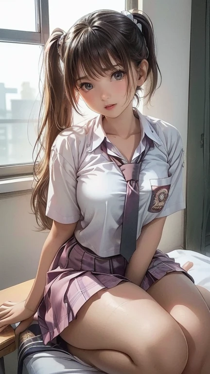 (masterpiece:1.3, highest quality),  (realistic, photorealistic:1.4), beautiful illustrations, perfect lighting, colorful, Depth of the bounds written, 
looking at the viewer, full body, Front view:0.6, 1 girl, alone, Japanese, high school girl, Improve, (big breasts:0.8, big ass, seductive thighs, skin dents),
(long hair:1.5, side ponytail),  asymmetrical bangs, purple eyes, parted lips, (very tanned and shiny skin), 
beautiful hair, beautiful face, highly detailed face, detailed and beautiful eyes, beautiful clavicle, beautiful body, beautiful breasts, beautiful thighs, beautiful feet, beautiful fingers, ((collared short sleeve shirt, white shirt, school uniform, pink plaid pleated skirt, black tie)), white panties, polka dot hair scrunchie, 
( sexy pose), (enchanting smile), evening,Sit in the classroom,gal,(brown skin:1.5),(blonde:1.5),(view from below),