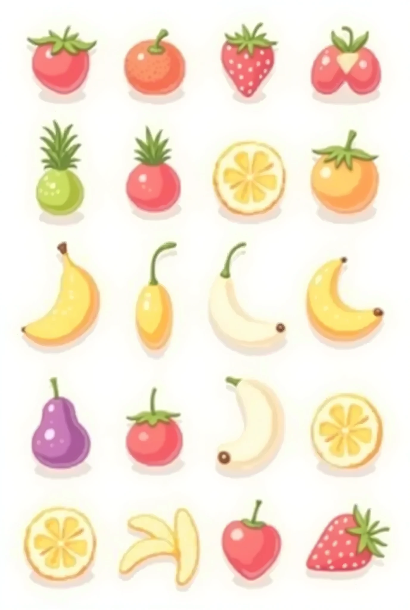 Cartoon game sprite of fruits, white background, hyper casual style, Game icon, Grid arrangement, simple, Icon design