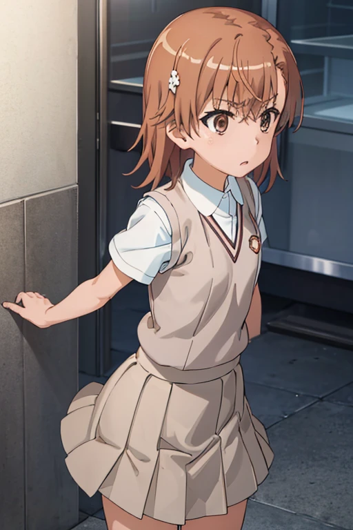 巨作, beste Quality, Misaka_mikoto, brown eyess, Short_Hair, Small_Breast, looking at the viewers Student uniforms, tokiwadai_School_uniform, whiteshirt, Sweater Vest, Gray miniskirt, , White loose socks, shoes, standing a Skirt flipping