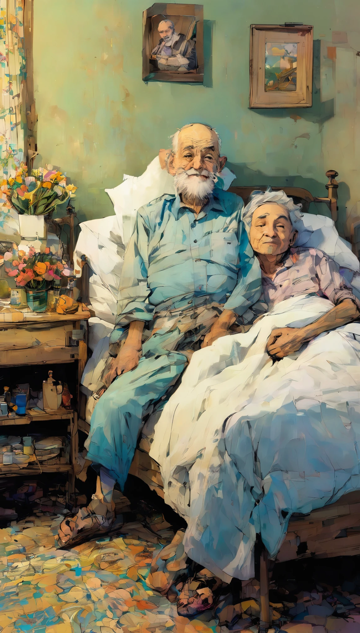 At the bedside，An old man&#39;s hand with a wedding ring，Caressing my sleeping wife&#39;s face，Beautiful atmosphere，Morning scene，It could be the back，Gouache style