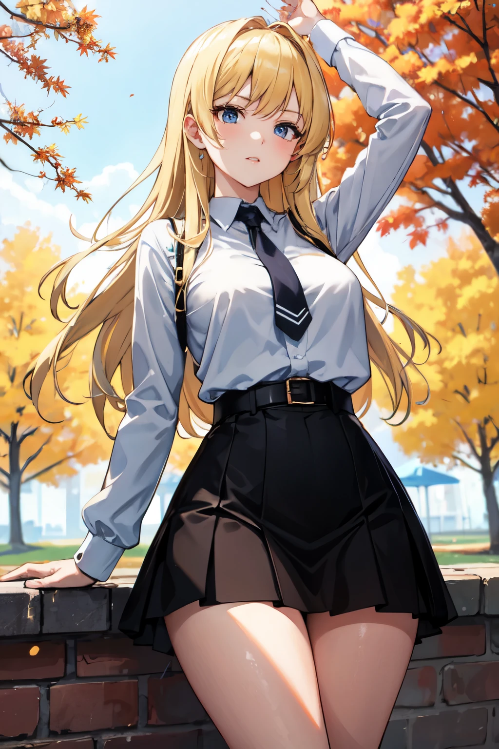 best quality, (masterpiece:1.2), illustration, absurdres, (1girl), (solo), (beautiful detailed girl), (upper body, portrait),Marin Kitagawa,
blonde hair, long hair, low-tied long hair, hair ribbon, blue eyes, large breasts, green , red necktie, black pleated skirt, black thighhighs, brown loafers,
looking at viewer, happy,school coridor, mesas, sun, sky,