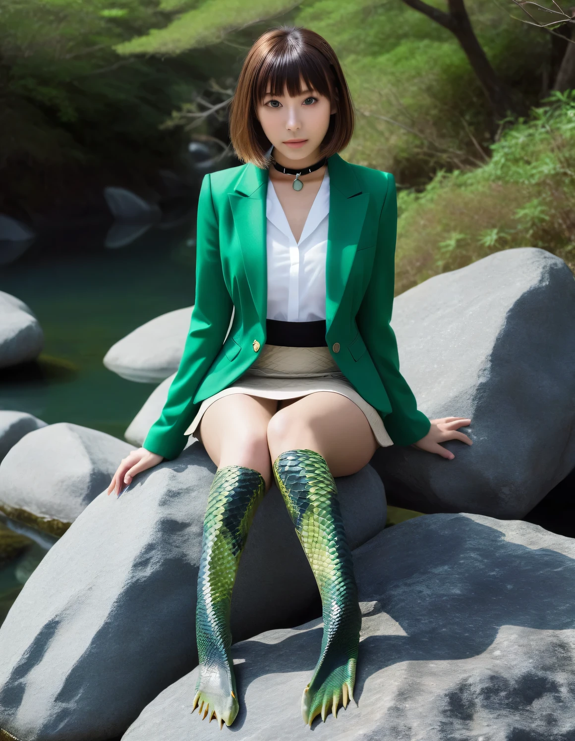 score_9, score_8, score_8up, score_7, Best Quality, ((SF, Fantasy, Surreal)), Photographed from the front, Sexy reptilian humanoid woman sitting on a rock, Green scales,  ((White tight short sleeve shirt、mini skirt、blazer)), Green Skin, Snake Woman,  鱗の生えたGreen Skin, Big Breasts, Large Breasts, Slim face, Model body type, bangs, Brown Hair, Straight Hair, Natural Makeup, Almond Eye, Black choker, Looking at the camera, Japan&#39;s Top Idols,, Happy expression,