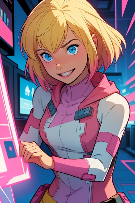 Alone, 1 girl, (Masterpiece), (( appearance)), blonde hair, by the median, Blue eyes, anime girl, small breasts, pink t-shirt, cyberpunk city background Gwenpool, with a mischievous smile and eyes full of enthusiasm, He is touching the screen of a video game, where his hand begins to pass through it, as if I were about to enter the digital world. Su blonde hair corto está alborotado, and she is wearing her pink and white suit, but without the mask. She is leaning forward, with a posture full of energy, excited about what she is about to do.
bottom: The screen shows a colorful adventure game with enemies and platforms, and in the background you can see posters and classic video game consoles.