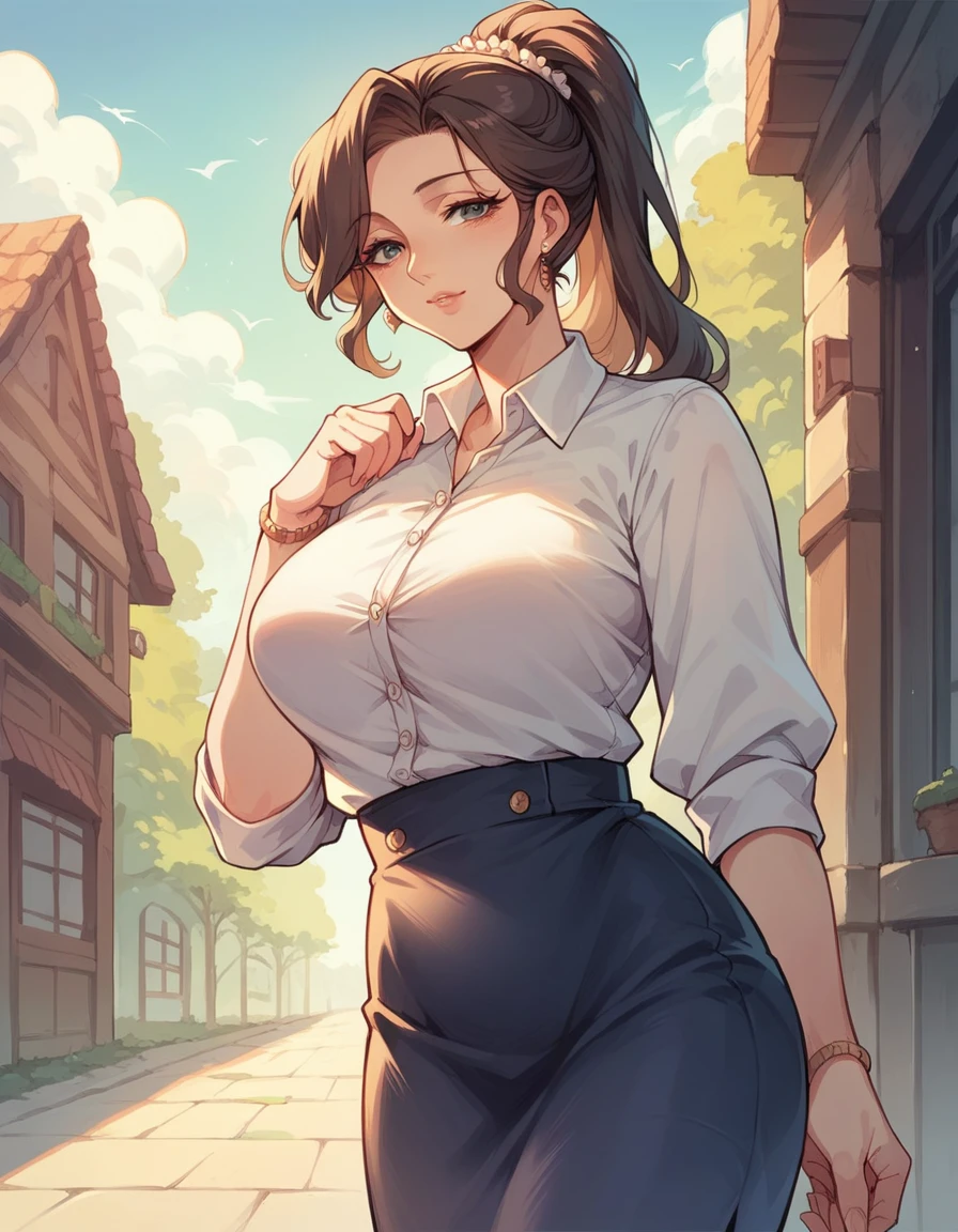 araffe femme dans une chemise rose et une jupe en jean bleue marchant dans une rue, Thicc, elle a un gros ventre rond et rebondissant, BBWCHAN, porter des vêtements simples et serrés, taille fine et hanches épaisses, hanches les plus larges, son ventre est gras et rond, forme douce et courbée, figure complète hyperréaliste, porter un joli haut, Hanches larges, nude