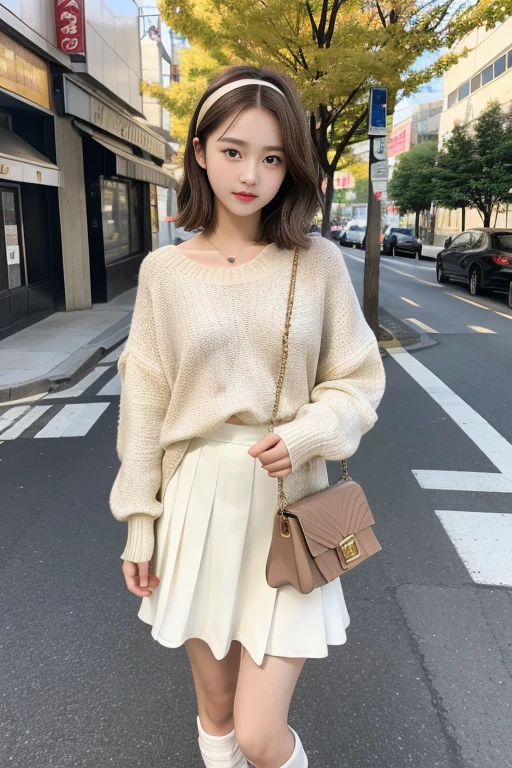 masterpiece,best quality:1.4),(8k,raw photo,photo realistic:1.2),best quality,high quality, masterpiece,detailed,high resolution,shiny skin,detailed skin,detailed face,detailed eyes,mutated hands and fingers,lightning body,autumn fassion,sweater,rong skirt,short boots,japanese 16Years-old girl standing on a city sidewalk wearing cream clothing and holding a brown purse, 1girl, bag, realistic,black or brown hair, sandals, hairband