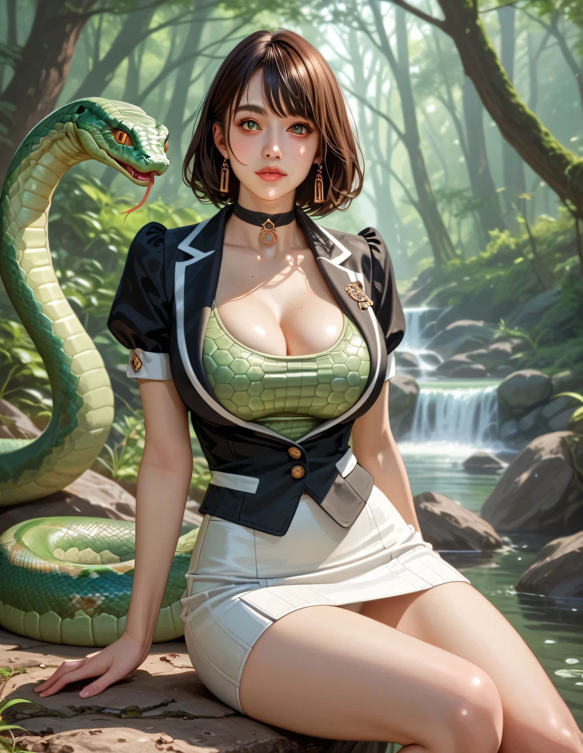 score_9, score_8, score_8up, score_7, Best Quality, ((SF, Fantasy, Surreal)), Photographed from the front, Sexy reptilian humanoid woman sitting on a rock, Green scales,  ((White tight short sleeve shirt、mini skirt、blazer)), Green Skin, Snake Woman,  鱗の生えたGreen Skin, Big Breasts, Large Breasts, Slim face, Model body type, bangs, Brown Hair, Straight Hair, Natural Makeup, Almond Eye, Black choker, Looking at the camera, Japan&#39;s Top Idols,, Happy expression,