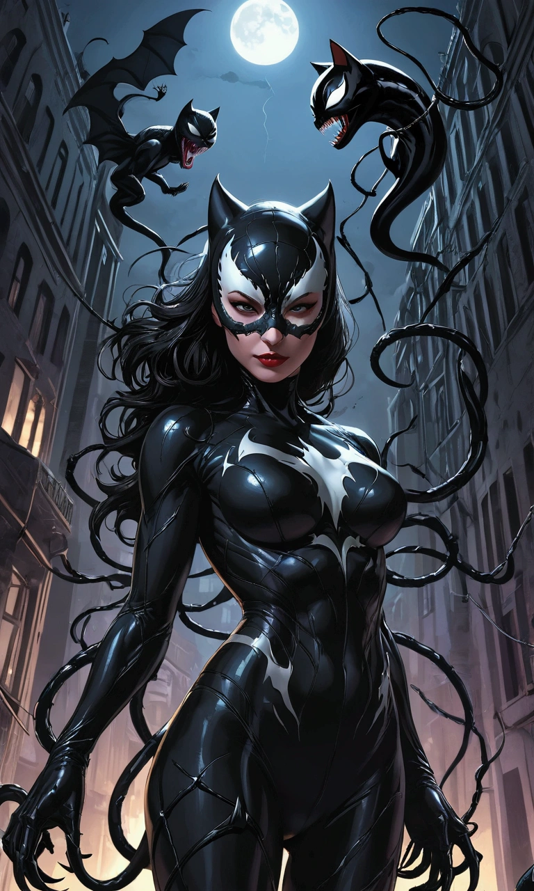 "An awe-inspiring representation of Venom, featuring intricate details and a stunning composition. Captivate with dynamic lighting and shadows, showcasing the menacing presence. Enhance the atmosphere with a dark and gritty background. Highlight the symbiotic nature with vibrant and intense colors. Create a masterpiece with a perfect balance of chaos and elegance."