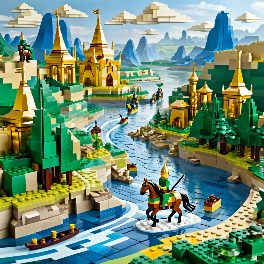 River valley with scenic landscape, a medieval  warrior  horse riding on the river,  gold and green flag, lego pagodas on the margins of the river, slightly influenced by cubism,  whimsical.