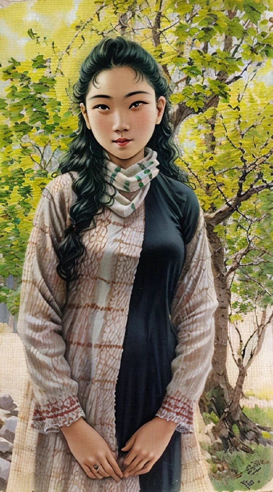 araffe woman with green hair and a black scarf standing in front of a tree, with long hair, with lovely look, very very low quality picture, beautiful young himalayan woman, she is about 1 , around 1 , young himalayan woman, profile pic, with long hair and piercing eyes, very beautiful girl, with long black hairHD, (Best Detail), (Best Quality), Vintage Poster, Traditional Media,