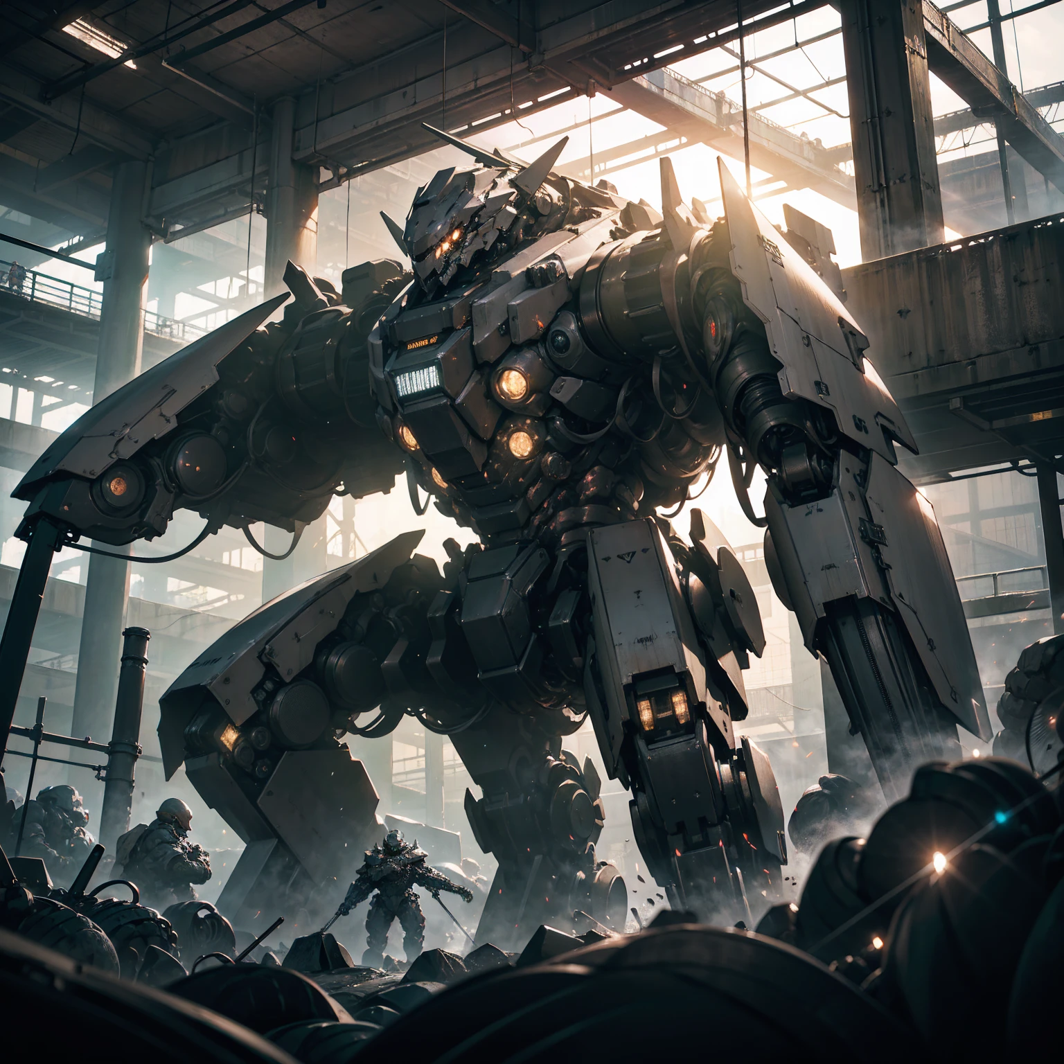 A heavily armored combat mecha, intricate mechanical details, gleaming metallic surfaces, powerful industrial aesthetics, dynamic action pose, volumetric lighting, cinematic camera angle, hyper-realistic 8k rendering, muted color palette, gritty sci-fi atmosphere, award-winning digital art