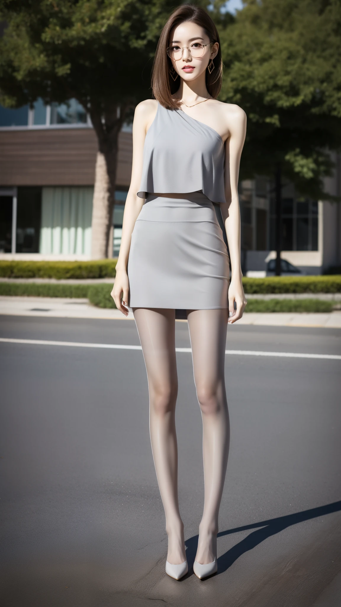 Ultra-clear resolution，Young girl，Big glasses，Shoulder-length hair，Light hair color，Earrings，Clear eyes，No makeup，Lip Gloss，Perfect face，Fair skin，Perfect breasts，C cup breasts，Long and slender legs，Very long legs，Loose Deep V Top，Pantyhose，Gray office miniskirt，High heel，Empty outdoors