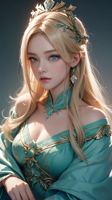 Xianxia, Ultra detailed beautiful woman, voluminous breasts of a 25-year-old woman, Stunningly beautiful, Stylish golden hair, (Golden-colored hair), golden-green dress, Light green eyes, Her entire head is visible with hair, dark green gemstone necklace, earings, Dark green eyeshadow and eyeliner, very long eyelashes, Stunningly beautiful face, Focus on the face, holographic, light particles, ultra detailed illustration, hit definition, Very bold and bright colors, 32K resolution, Best Quality, voluminous lighting, "beste-Qualit", "A masterpiece", Half of her body is visible, The top of her dress is visible, ultra realistis, High-quality detailing