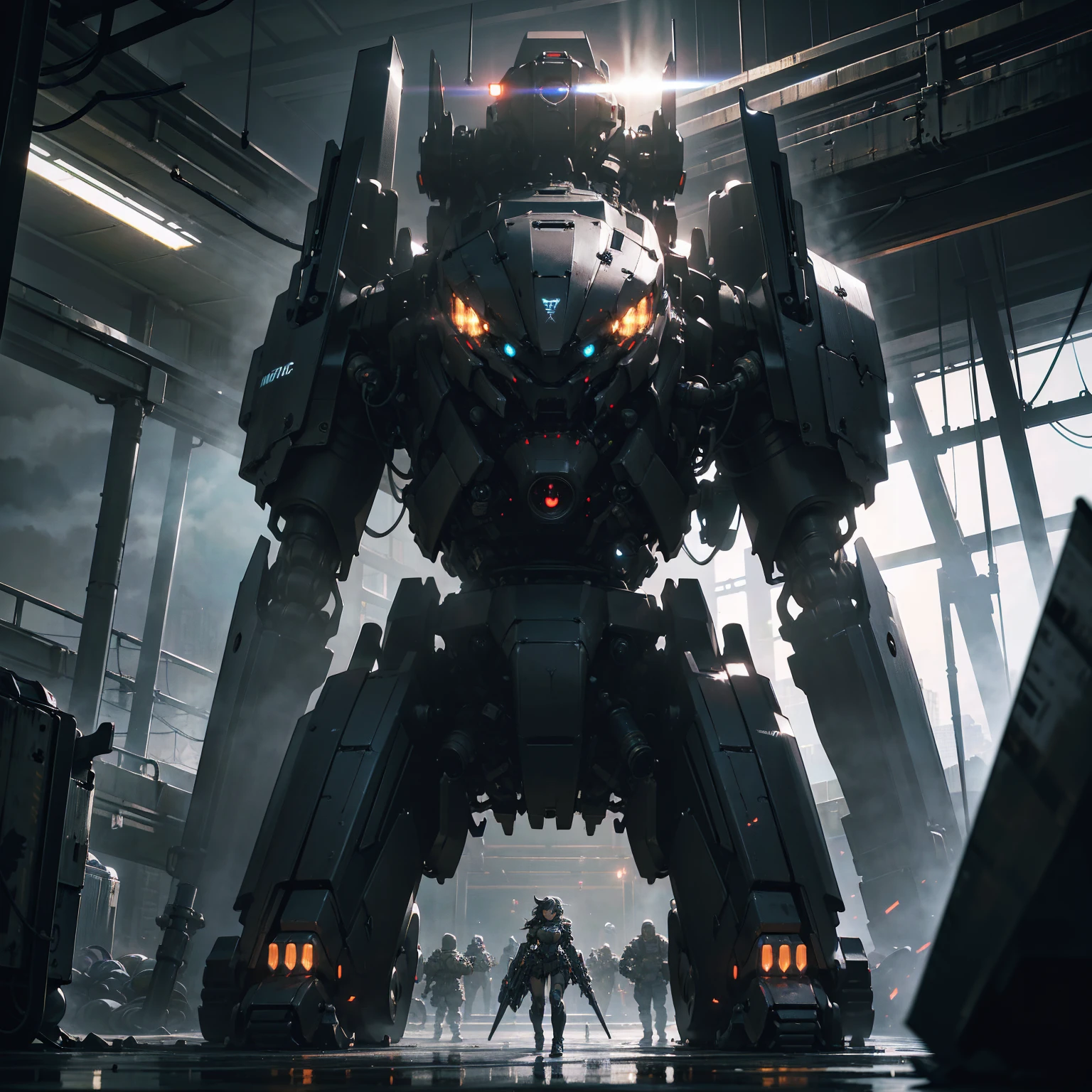 a heavily armored combat mecha, a quadruped robot, mechanical arms, turret, missiles, glowing eyes, a small girl sitting in the cockpit, detailed mechanical parts, intricate technology, complex machinery, futuristic design, cyberpunk, dark colors, dramatic lighting, cinematic angle, photorealistic, 8k, highly detailed, intricate textures, advanced weaponry, dynamic pose, epic scale, dramatic atmosphere, (best quality,4k,8k,highres,masterpiece:1.2),ultra-detailed,(realistic,photorealistic,photo-realistic:1.37)