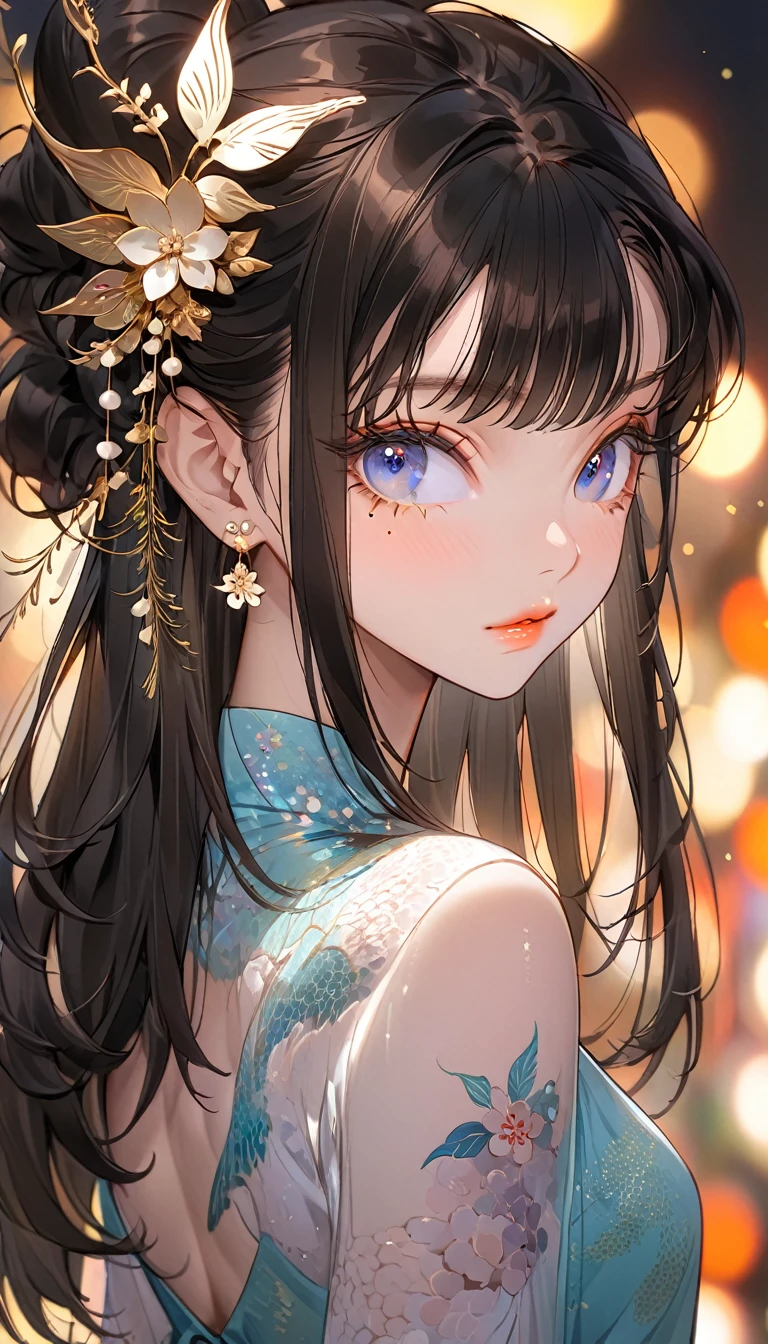 The background is a festival.，(Highest quality,รายละเอียดa lot,high resolution:1.2),Beautiful girl，Blue eyes,Straight brown-black hair,Brown bangs，a lot_long eyelashes, Lip details, ดูเท่a lot, Soft skin, Shiny hair,Exquisite make-up,Look back at me