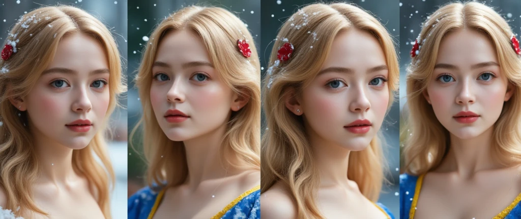 Photographic picture, super realism, divide 4 screen, different expression face,  different angle, same costume,  , Snow White and the Seven Dwarfs, French White girl, 20-age, Monica, golden hair, long hair, blue eye, red ribbon, Snow White costume, winter, fall snow, on Tokyo Disney land, ((textured skin , HI detailed skin, foreshortening, Canon, anatomically correct, super detail, high details, highness)), (super detail, high details, high quality, accurate, anatomically correct, textured skin, beautiful fingers super detail, high details, high quality, best quality)