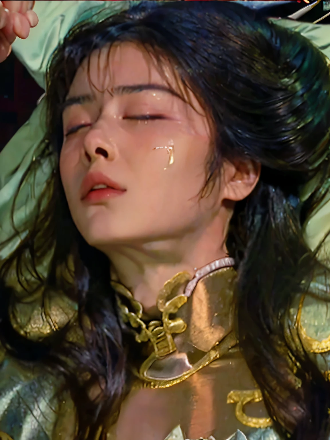 Long Hair, Silver costume, lying unconscious on a stretcher, Being carried on a stretcher, Eyes closed, The facial details are accurately depicted, Anguished expression, In agony, Injury, Bleeding, The details of the clothes are accurately depicted, masterpiece, High image quality, profile, Camera angle from above, Feeling exhausted, Loose
