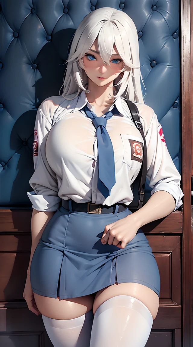 photorealistic, high resolution, 1women, shining skin, solo, perfect face, (long white hair, blue eyes), closed mouth,  blushing, m, big breastuscular legs, pantyhose, skirt, unbuttoned shirt