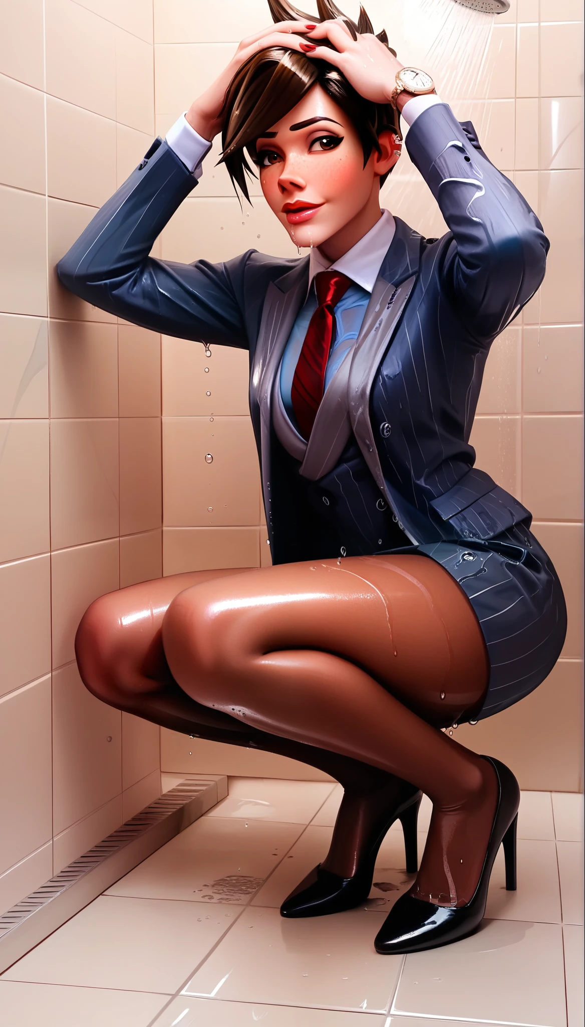 score_9, score_8_up, score_7_up, score_6_up, source_anime,  three-piece suit, tracer, 1girl, solo, brown hair, short hair, freckles, smile, pretty, formal, jewelry, navy pinstripe suit, red silk necktie, earrings, jacket, shirt, shower, running water, under shower, black eyes, watch, navy pinstripe jacket, wristwatch, ((light blue shirt with white collar)), red lips, navy pinstripe skirt, makeup, black pantyhose, cufflinks, black lapel trim, brown eyes, red nails,High Resolution, Blush, white cuffs, wet clothes, wet skin, wet hair, soaked, drenched, soaked clothes, glossy clothing, shiny skin, pinup pose, dripping water, water droplets, blowjob, sucking penis, deepthroat, hands on head, bedroom eyes, portrait, high heels, facial, squatting, head grab, irrumatio, deepthroat, moaning, huge penis, thick penis, (size difference:1.2), naked male, faceless male, saliva, wet clothing