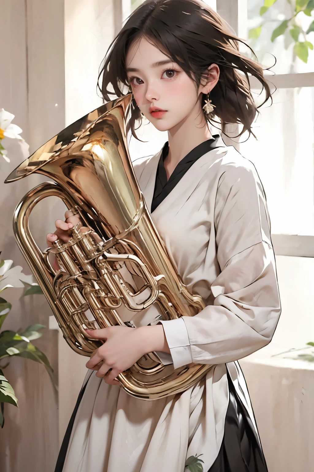 (Best Quality、masterpiece)、One Woman、Playing the Euphonium, White background、Plain Background、