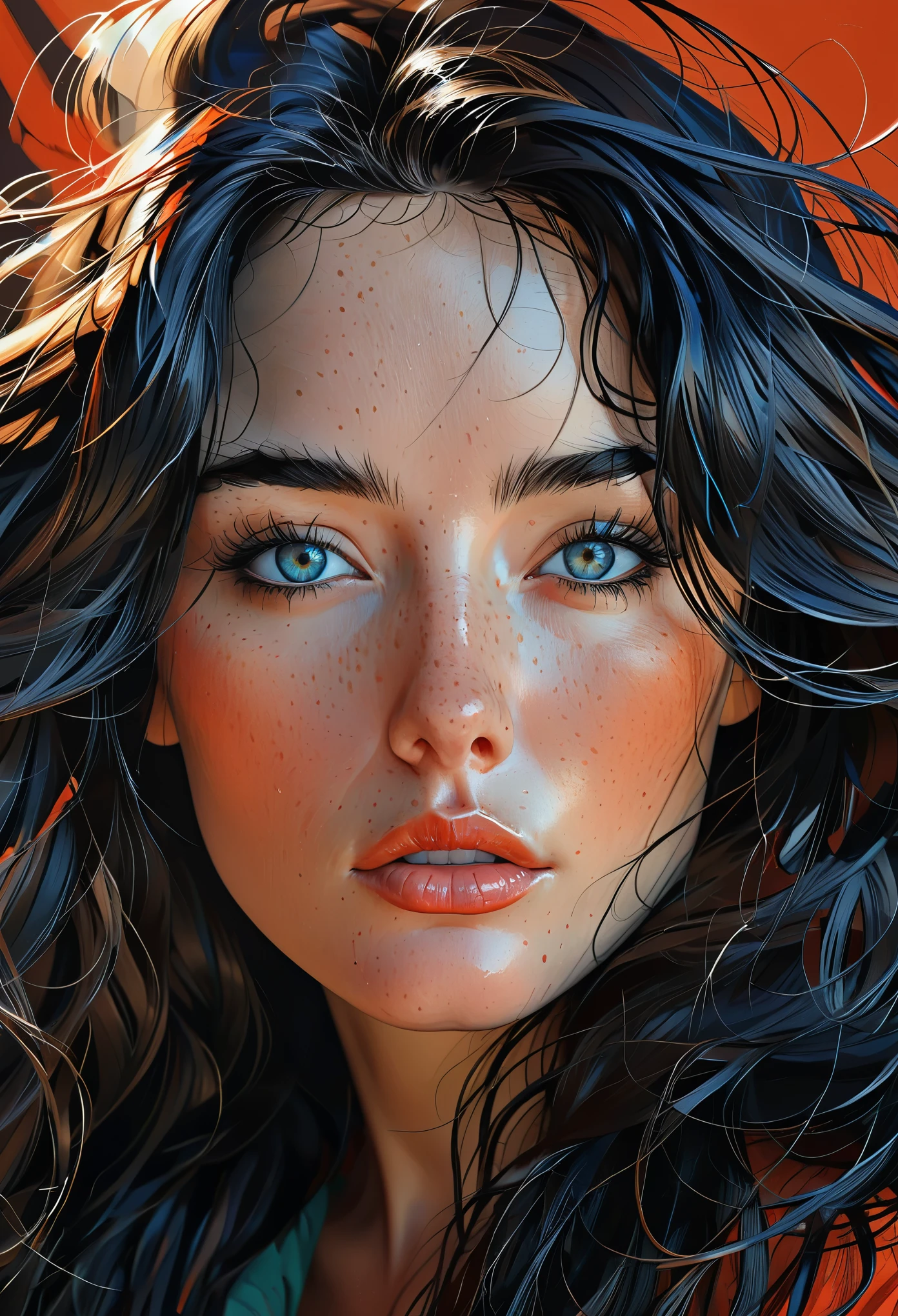 A beautiful woman with long flowing black hair, messy loose brushwork, close-up portrait, painted illustration style, martin ansin, olivier valsecchi, mesmerizing eyes, alluring expression, dramatic lighting, cinematic atmosphere, intricate details, vivid colors, high resolution, masterpiece, photorealistic, ultra-detailed