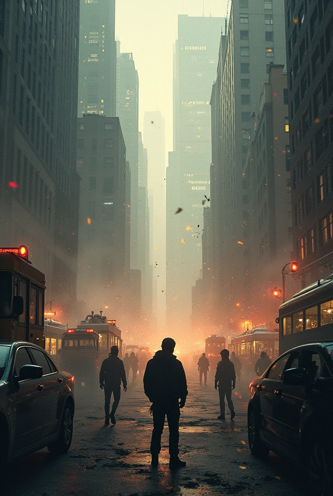 Destroyed cities, zombie apocalypse, full of zombies and several cars scattered around, dark sky, night, comic book