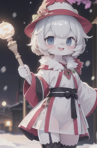 anime, cute furry girl, wizard hat, robe, thigh-highs, holding ancient staff, happy, midnight, bloom, ambient occlusion, glow, glowing lights, light particles, transparent, translucent, bokeh, depth of field, snow, wind