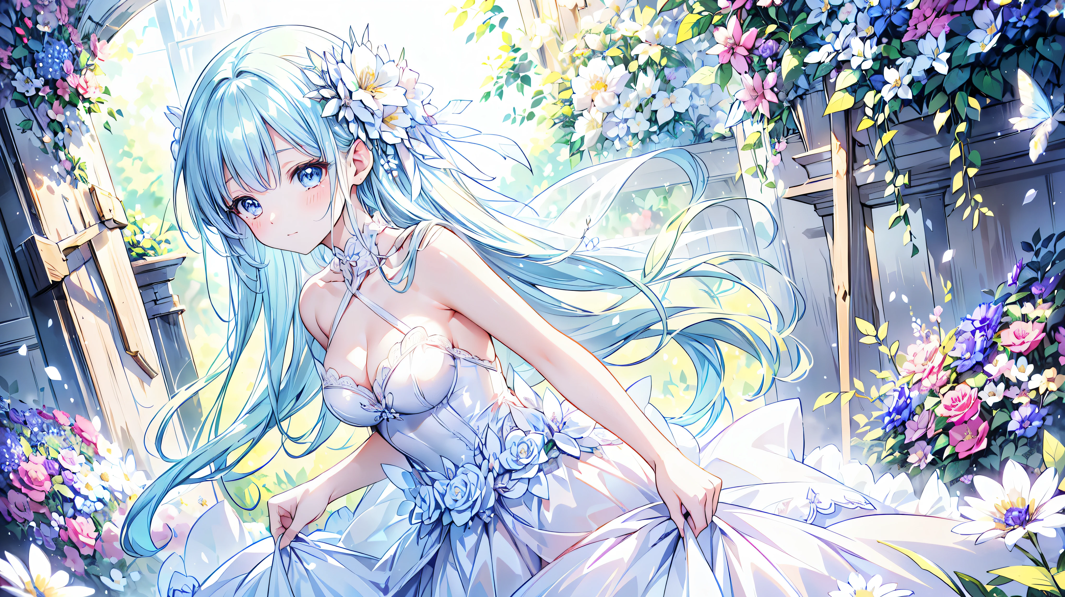 (((superbly detailed drawing, ultra detailed, exquisite quality, absolutely resolution))), (hyper detailed wedding dress with many multiple frills, flared hoop skirt, transparency), (((solo lady))), beautiful wave long hair, ((blushing, embarrassed)), hyper detailed skin, hyper delicate eyes, super delicate and beautiful face, light makeup, cowboy shot, (((surrounded by so many flowers, floral background))), (shallow depth of field:1.3), (hyper realistic:1.2),