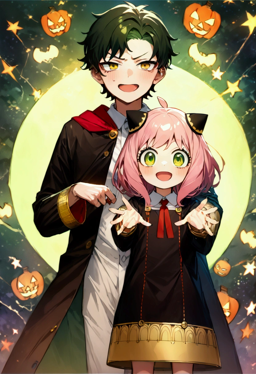 kids couple,Halloween,BREAK,(boy,damian desmond,spy x family,olive eyes,dark green hair,polar bear costume),BREAK,(girl,anya \(spy x family\),spy x family, yellow-green eyes, pink hair, wears wizard's clothes),BREAK,anatomically correct,Halloween background,artwork,(masterpiece:1.3),(highest quality:1.4),(ultra detailed:1.5),High resolution,extremely detailed,unity 8k wallpaper