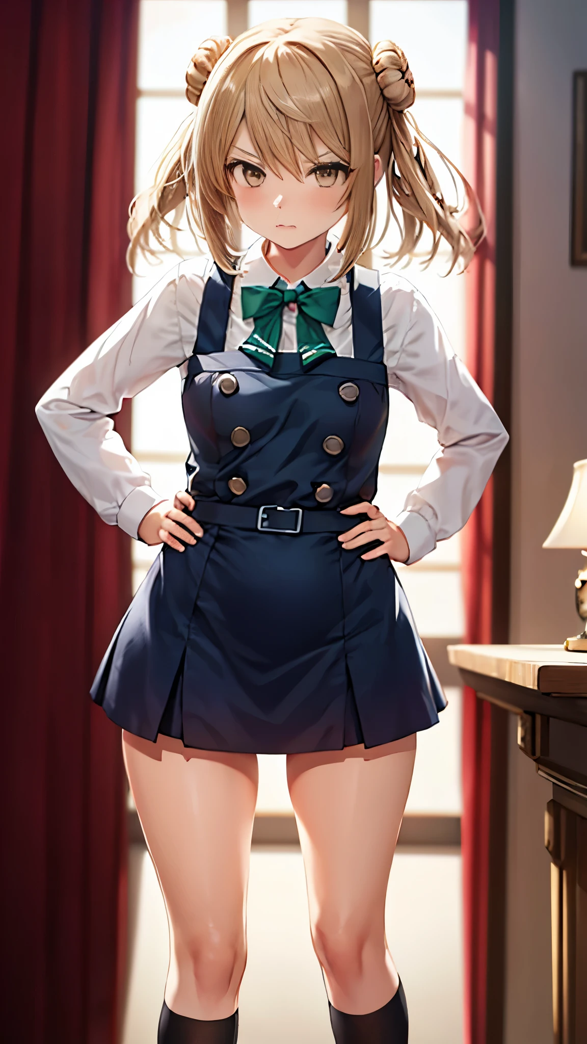 (masterpiece), (Best Quality), (Super detailed) (Very delicate and beautiful)　solo　Kantai Collection_high tide　michishio_kantaicollection　Twin tails, Double bun, Bun Hair, ショートTwin tails, Light Brown Hair, Brown eyes, blush, Yellow Eyes, Green bow tie, Navy blue pinafore dress, White Shirt, Long sleeve　A little angry look,　Hands on hips　corridor　(Look up here)