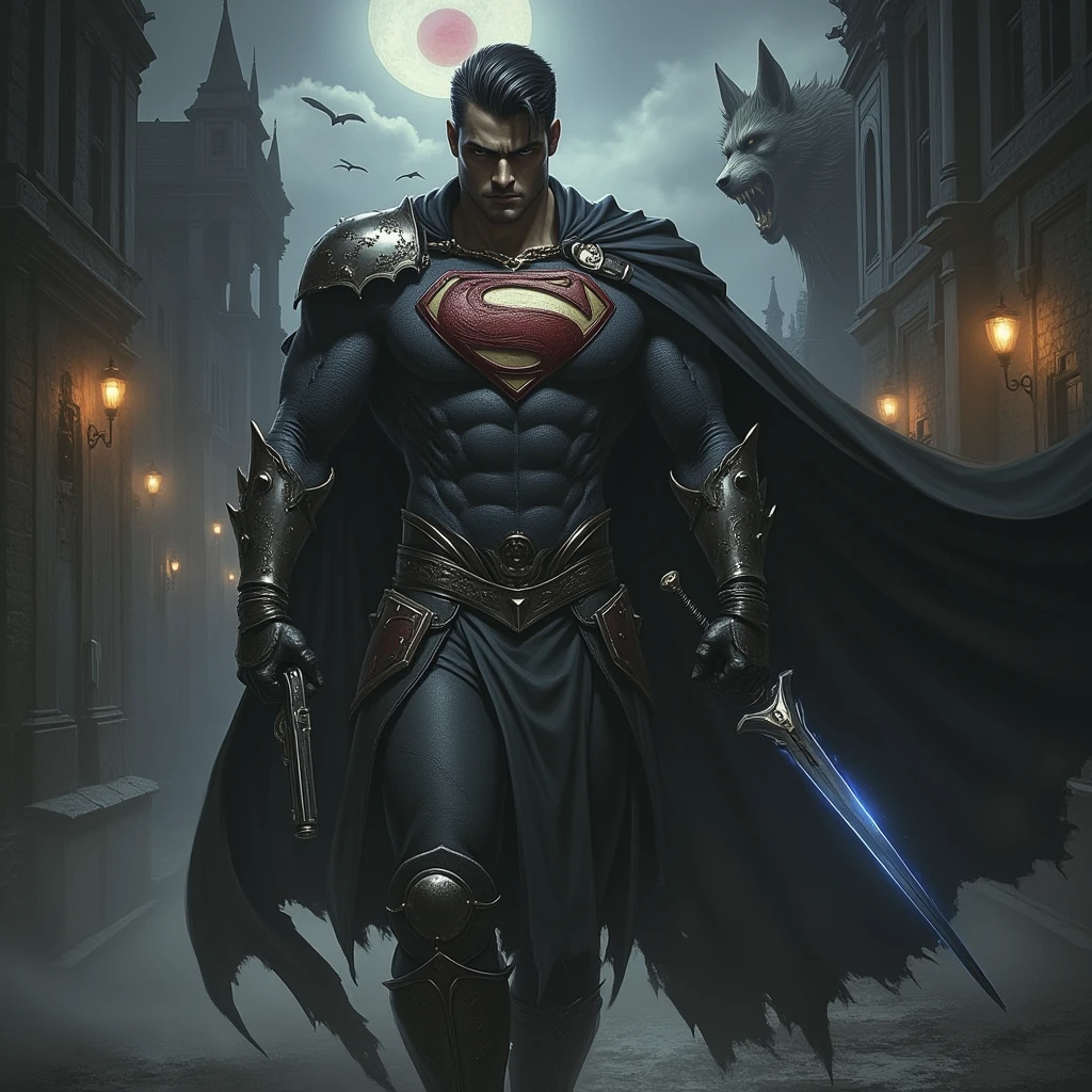 A Yharnam hunter inspired by Superman, A firm and determined face, with piercing eyes that reflect a mix of hope and determination. His jaw is strong and well defined., with a slight beard shadow that adds a touch of toughness. black hair, short and combed back, An athletic and muscular figure, highlighting his superhuman strength. He wears a black battle-worn cape, that waves with every movement. He wears dark leather armor reinforced with metal plates, designed to protect him from the beasts of Yharnam. in the chest, It bears an emblem in the form of "S" stylized. Leather gloves with metallic details and tall boots that allow you to move with agility and stealth. A metal belt for hunting tools. He carries in his right hand a long, shining sword, capable of emitting a blue glow that illuminates the dark alleys of Yharnam. In his left hand he carries an old pistol, loaded with silver bullets, effective against the most fearsome creatures in the city. He is fighting a werewolf. In the background there is a red moon and a gothic city with dimly flickering streetlights, casting eerie shadows around every corner. A thick fog envelops the city, creating an atmosphere of mystery and constant danger.