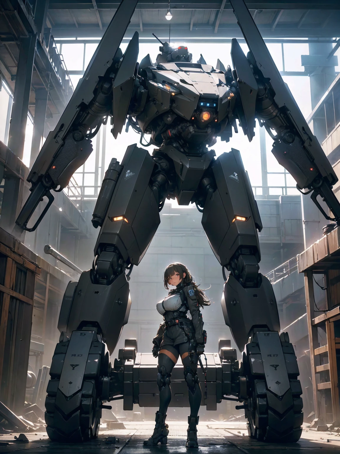 a highly detailed and realistic giant mecha suit of heavy armored battle machine, complex armored plating, massive tank treads, glowing eyes, large rotating turret with mounted machine guns, a cute young female pilot standing next to the mech, the pilot has a voluptuous figure, (best quality,4k,8k,highres,masterpiece:1.2),ultra-detailed,(realistic,photorealistic,photo-realistic:1.37),industrial sci-fi,mecha,war machine,military,concept art