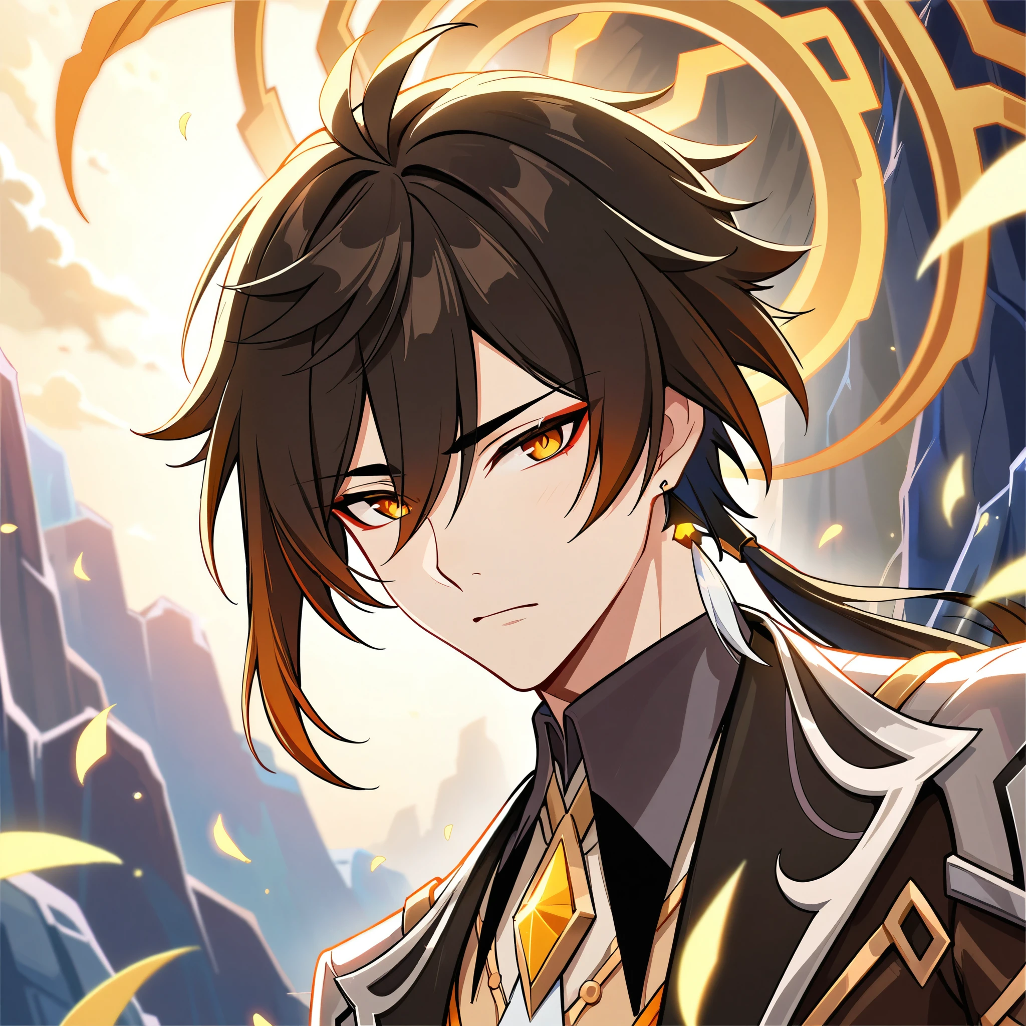 (best quality,4k,8k,highres,masterpiece:1.2),1boy, zhongli_/(archon/)_/(genshin_impact/),male focus,intricately detailed,realistic:.4,intense gold eyes,mature_male, narrow_waist,full body, by carnelian, cel shading, fantasy china background, liyue, mountains,look up at viewer, osmanthus flowers,male focus,solo,long hair,bangs,jewelry,earrings,ponytail,contemplative, thoughtful, calm, serene, red eyeliner, highly detailed eyes, volumetric lighting, sunset, golden illumination, wise and kind god,cinematic lighting, ray tracing, UHD, high details, high quality, award winning, super detail,vivid fantasy painting,hd color,seductive eyes,sexy eyes,narrowed eyes,lowered lashes,handsome man,small iris,honkai star rail character,godly,hot asian man,asian eyes,red eyeliner,blade from honkai