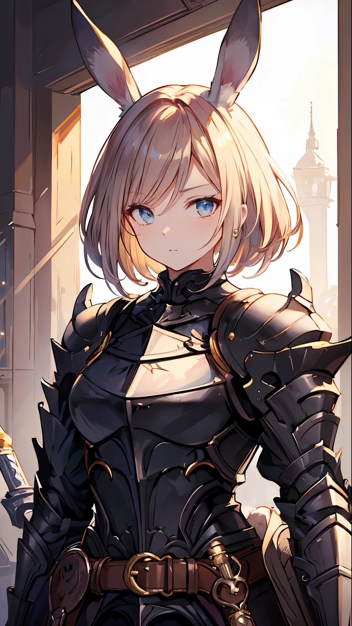 (masterpiece), high details, high quality, (best quality), (super detail), perfect detailed eyes, perfect detailed face, (white hair), medium hair, sidelocks, rabbit ears, Baroque, cinematic lighting, reflection light, Knight, Knight Commander, Armor, Steel Breastplate, Shoulder rest, carrying a sword, Fortress