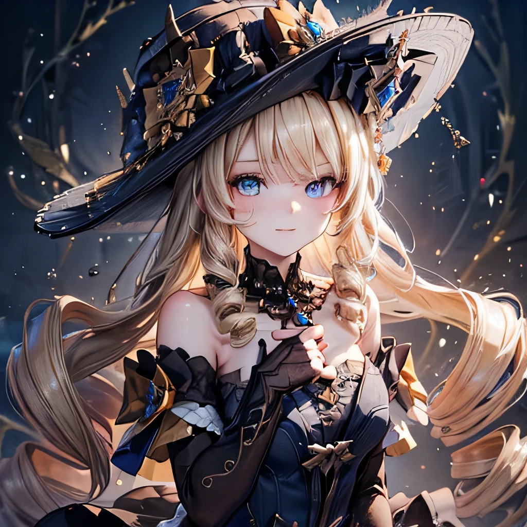 (masterpiece of the highest quality,Very delicate,Perfect Face,16k,High resolution,Very beautiful girl)) 1girl,  navia,long hair,blonde hair,hat, witch hat,blue eyes,dress,bangs,black headwear,gloves,bare shoulders,flower,jewelry,thighhighs,black gloves,drill hair,detached sleeves,smile